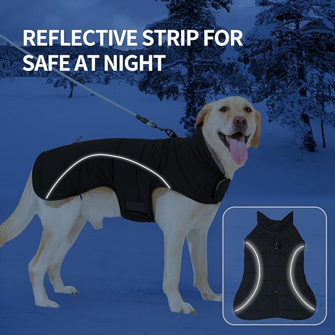 HEYWEAN Dog Winter Coat - Waterproof Windproof Reflective Vest for Medium & Large Breeds Adjustable Warm FleeceLined Jacket with Magic Tape & D-Ring for Leash Cold Weather Apparel (Black, X-Large)