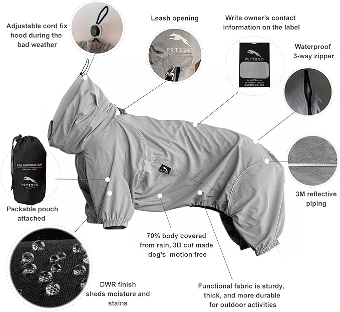 Dog Lightweight Windbreaker, Pet Outdoor Sports Jacket, 0.5 lbs,3 in One, Hooded, Easy on/Off with Collar and Harness, Reflective Piping, Packable, Dog Hiking/Camping, Grey (X-Large)