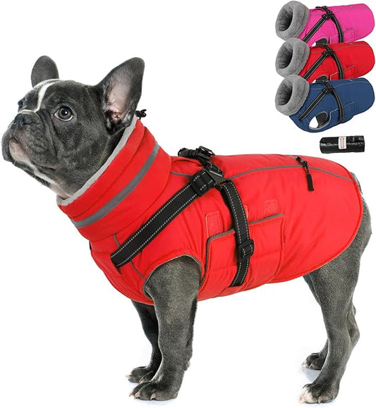 PETDSH Dog Coat Large, Built-in Harness Dog Jacket with Warm Fleece Lining, Waterproof Reflective Dogs Winter Coat, Pet Coats with Pocket and Trash Bags (Red, Large)