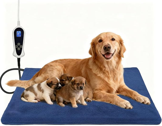 Bestio Extra Large Dog Heating pad,47×30 in Heated Dog Bed Adjustable Thermostat (1-24 Hours) and Chew Resistant Steel Cord with One Blue Plush Cover