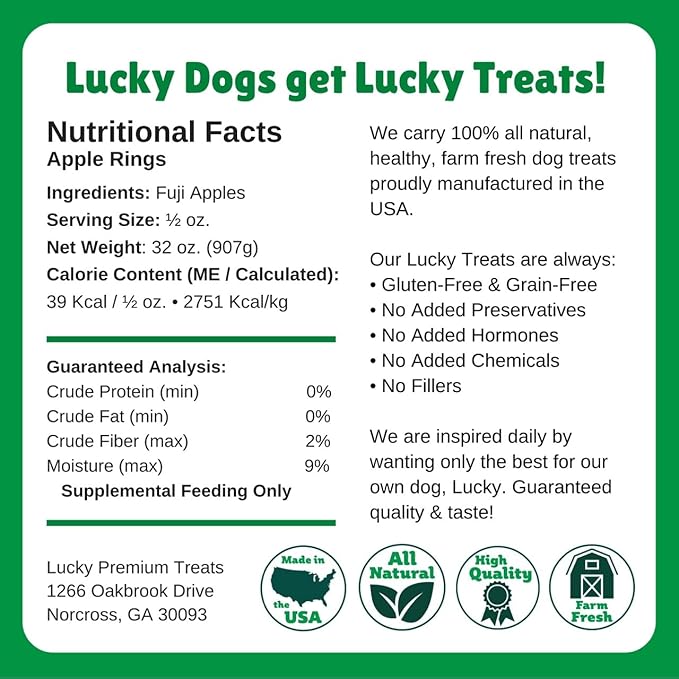 Lucky Premium Apple Rings – Thin, Crispy, All Natural Jerky Apple Treats for Dogs, Vegetarian Dog Treats with Real Fruit (32 oz)