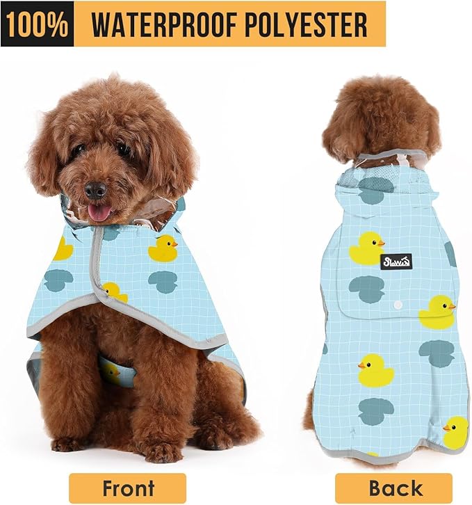 SlowTon Dog Raincoat, Adjustable Dog Rain Jacket Clear Hooded Double Layer, Waterproof Poncho with Reflective Strip Straps and Storage Pocket for Small Medium Large Dogs Puppies (DK L)