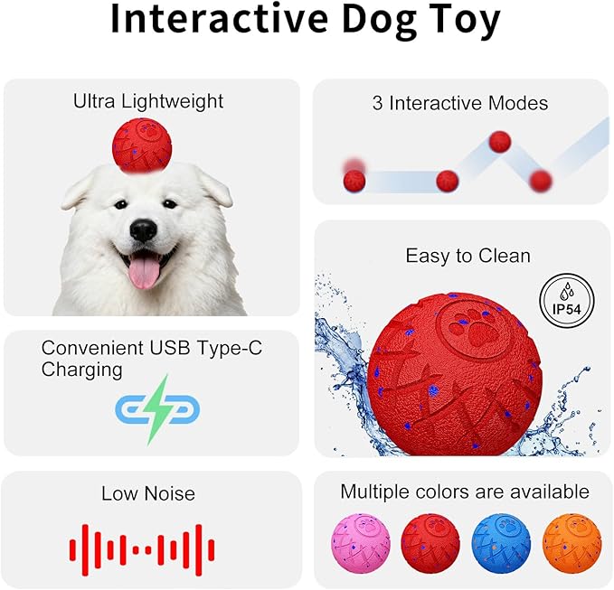 Interactive Dog Toys Dog Ball,Durable Motion Activated Automatic Rolling Toys for Medium/Large Dogs,Automatic Moving, Bouncing,and Rotating,E-TPU Material, IP54 Waterproof (Red)