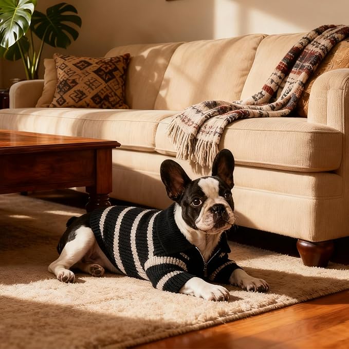 Small Dog Sweater with Zipper, Knitted Striped Pullover Dog Clothes for Cold Weather, Thick Warm Cozy Stretchy Sweater for Chihuahua, Bulldog, Dachshund, Pug(Black & White Strip, M)