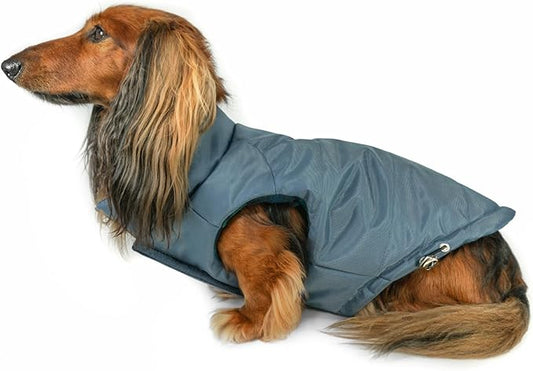 DJANGO Reversible Puffer Dog Coat – Warm Winter Dog Jacket & Water-Repellent Insulated Dog Coat w/Harness Hole, Windproof, Adjustable Fit for Small & Medium Dogs, Dachshunds – Twilight Blue, Large