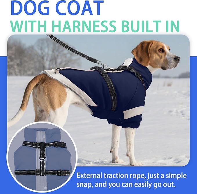MIGOHI Dog Coat with Harness Built in, 2-in-1 Windproof Dog Winter Coat, Thermal Reflective Jacket with Back Zipper for Large Dogs Cold Weather, Labrador Retriever, Navy Blue, 2XL