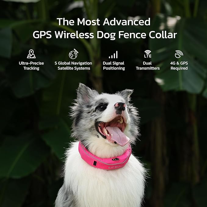 SATELLAI Dog Wireless Fences, Pink The Most Advanced GPS Dog Collar with AI Analysis, Precise Positioning, 5-Day Battery, and IP68 Waterproof, Flexible Virtual Fencing for Medium & Large Dogs