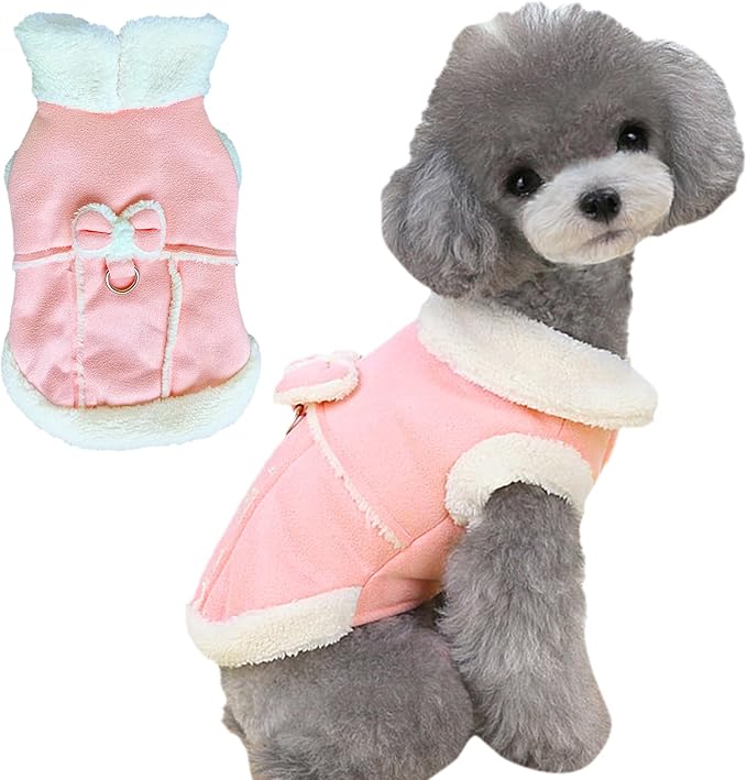 Jecikelon Bowtie Dog Cold Weather Coat Fleece Lining Warm Pet Puppy Turtleneck Dogs Winter Coats for Small Dogs Jacket with D-Ring Leash (Medium, Pink)