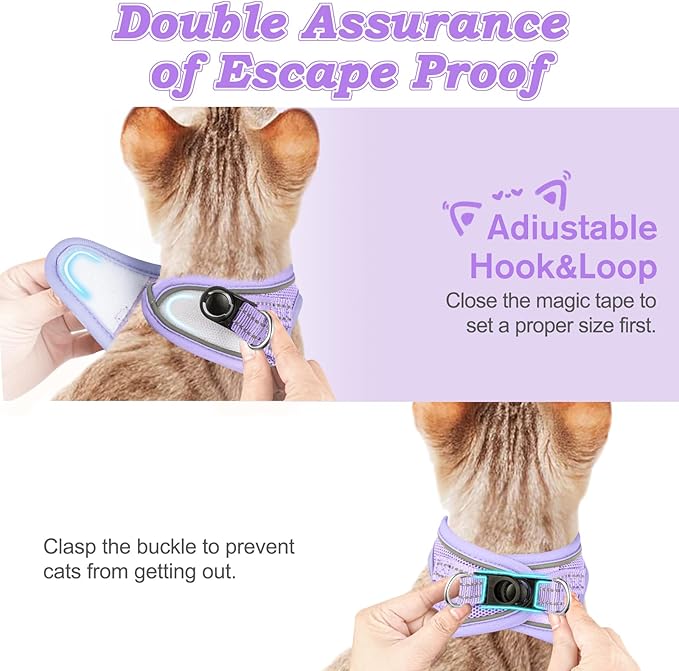 Cat Harness and Leash for Walking Escape Proof, Adjustable Kitten Vest Harness Reflective Soft Mesh Puppy Harness for Outdoor, Comfort Fit, Easy to Control (Purple, M)