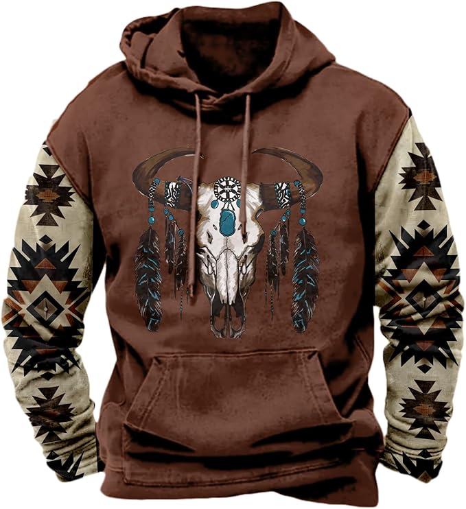HOTYD Mens Western Aztec Sweatshirts Long Sleeve Fall Fashion Drawstring Pullover Vintage Graphic Cowboy Hoodie for Men