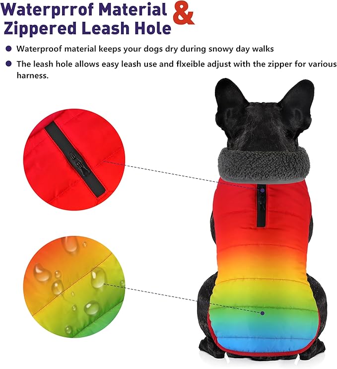 Dog Winter Coat, Waterproof Dog Jacket with Leash Hole, Reflective Adjustable Pet Snow Vest, Warm Fleece Sweater for Small Medium Large Dogs - Rainbow, 3XL