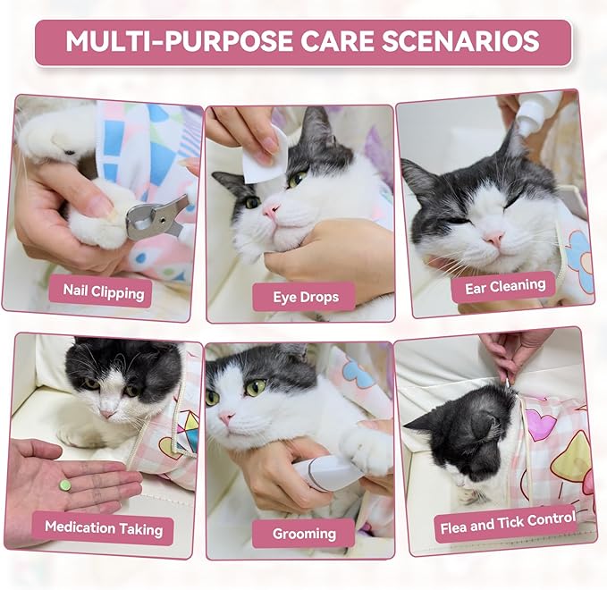 Cat Grooming Wrap for Cutting Nails, 27.6" Anti-Escape Calming Cat Swaddle Wrap for Medicine, Nail Clipping, Teeth Brushing, Ear Cleaning, Self-Adherent Burrito Restraint, (Geometric Fish, L)