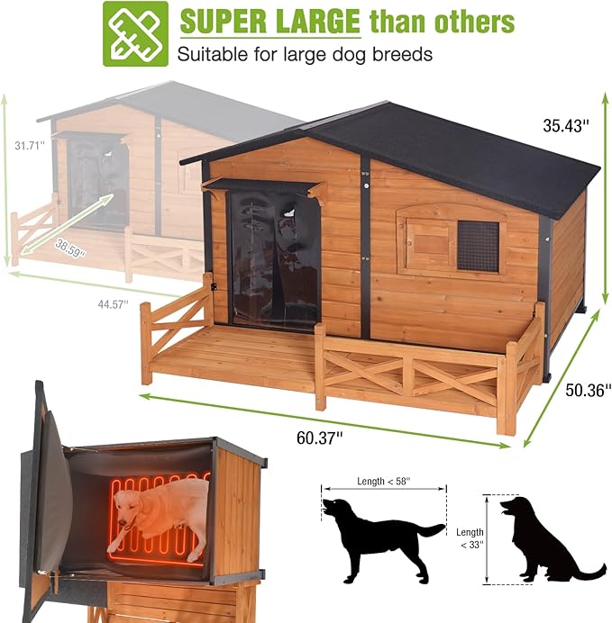 GUTINNEEN 60.3" L Extra Large Heated Dog House Outdoor Insulated Winter Dog Kennel with Thermostat-Controlled Heating Pad, Chew-Proof Metal Frame and 6-Sided Insulated Liner for Large Dogs