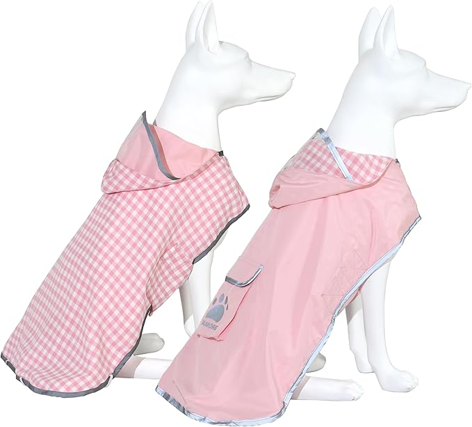MAMORE Dog Raincoat Reversible,Waterproof Dog Rain Coat Hooded Slicker Poncho with Reflective Strip, Plaid Double Layer Rain Jacket for Small Medium Large Dogs (Pink, Medium)