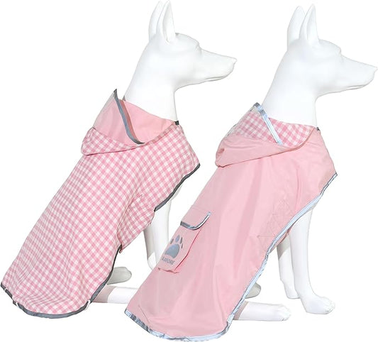 MAMORE Dog Raincoat Reversible,Waterproof Dog Rain Coat Hooded Slicker Poncho with Reflective Strip, Plaid Double Layer Rain Jacket for Small Medium Large Dogs (Pink, XX-Large)