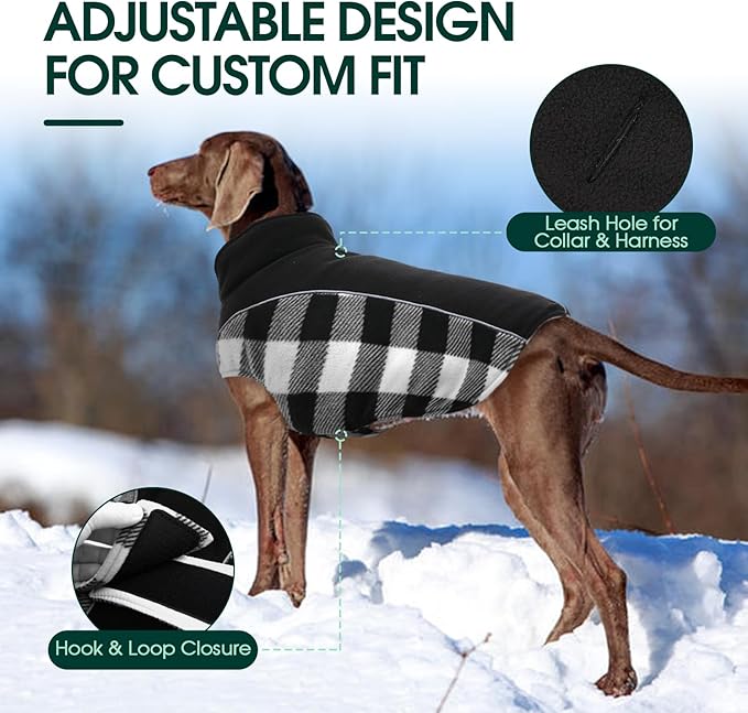 Kuoser Dog Winter Coat, Reversible Waterproof Dog Jacket with Reflective Strip, Warm Dogs Fleece Vest Adjustable Doggy Cold Weather Clothes Plaid Christmas Outfit Pet Apparel for Large Dogs, Black 2XL
