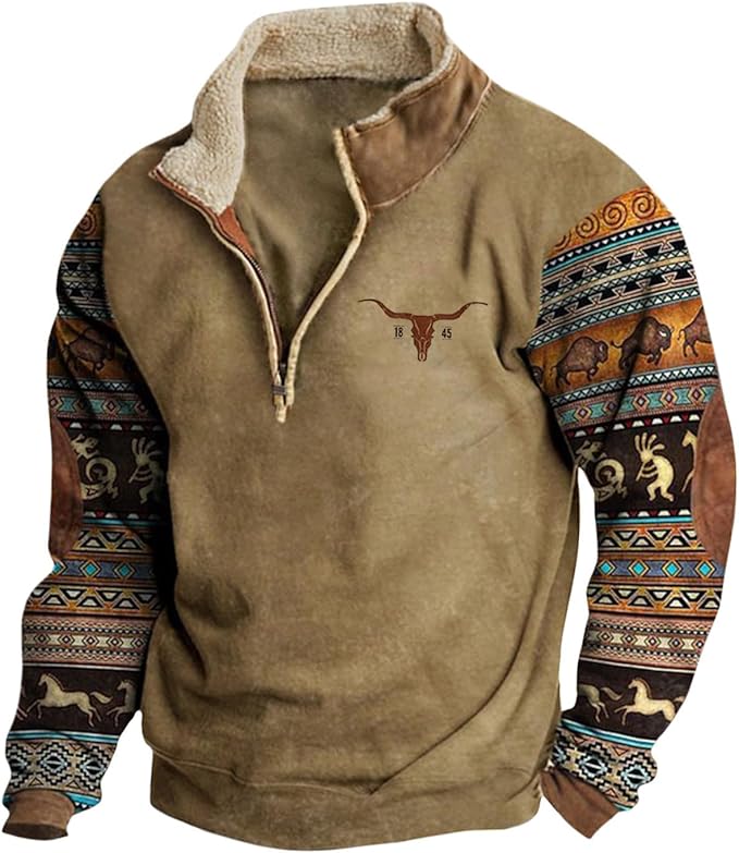 HOTYD Aztec Cowboy Mens Hoodie Vintage Graphic Western Hoodies Casual Long Sleeve 1/4 Zip Pullover Mens Country Jacket