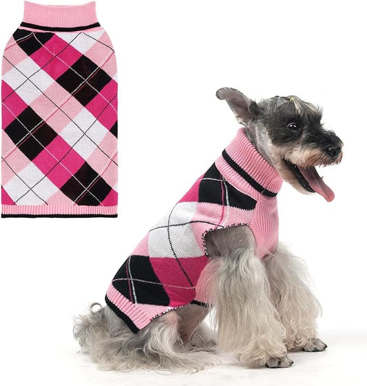 KOOLTAIL Dog Sweater Pet Knitted Clothes - Classic Plaid Pull Over Turtleneck Dog Sweaters with Leash Hole Warm Dogs Winter Clothing for Small Medium Dogs Cats Puppy M