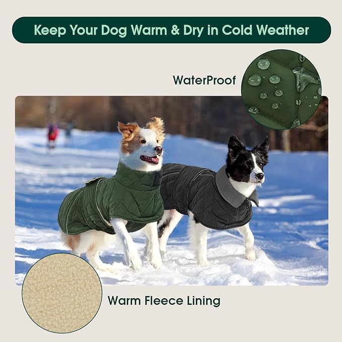 Kuoser Extra Warm Dog Coat, Windproof Cold Weather Jacket for Large Dogs, Fleece Lining Christmas Dog Jacket Pet Turtleneck Snowsuit with Reflective Strips Adjustable Winter Outfit, Green XL