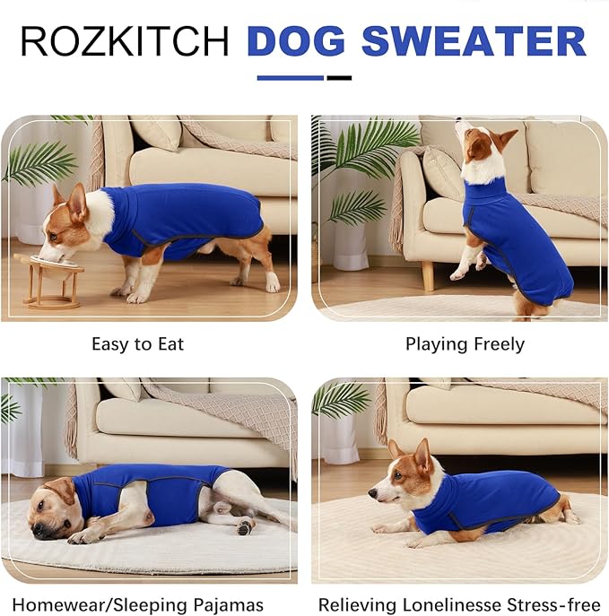 ROZKITCH Dog Fleece Pullover Pajamas with Leash Hole, Pet Windproof Warm Cold Weather Jacket Vest Cozy Jumpsuit Apparel Outfit Clothes for Walking Hiking Travel Sleep Blue XL