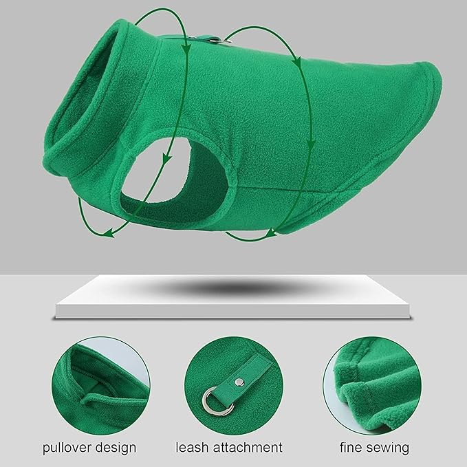 JACKO & CO - Fleece Vest Dog Sweater with Leash Ring - Soft, Warm & Lightweight Pullover Coat for Small & Medium Dogs, Puppies & Cats - Cozy Fall/Winter/Spring Pet Jacket (Green, X-Small 2-4lbs)