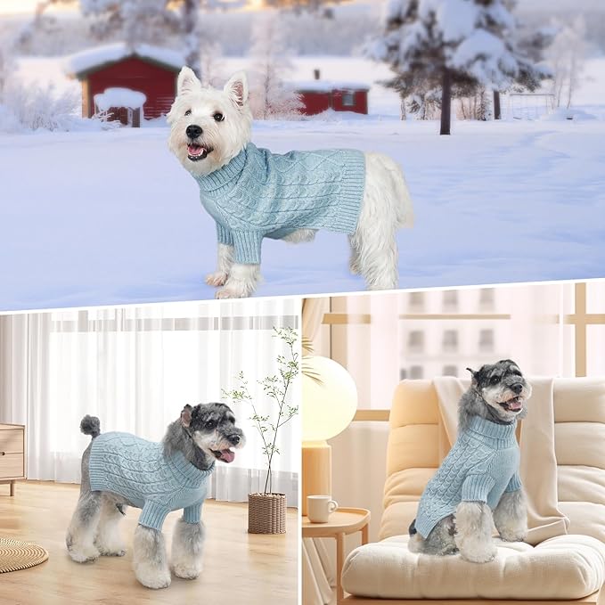 KYEESE Dog Sweater Long Sleeve Pet Coats Turtleneck Dog Sweater for Small Medium Dogs Stretchy Dogs Clothes with Classic Cable Knit for Cold Weather, Blue, X-Large