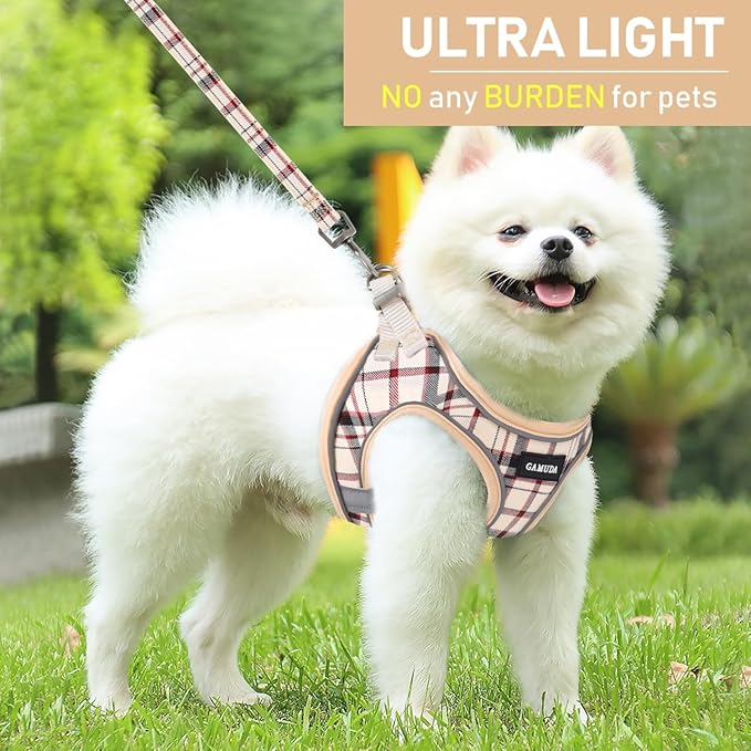 GAMUDA Small Dog Harness Collar and Leash Set, Step in No Chock No Pull Soft Mesh Adjustable Dog Vest Harnesses Plaid Reflective for Dogs Puppy Cats Kitten Rabbit (Beige, M)
