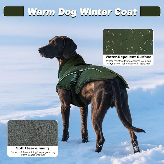 DENTRUN Dog Winter Coat - Windproof Reflective Jacket, Plush Turtleneck & Adjustable Belt, Water Repellent Fleece Lined Cold Weather Vest for Corgi Bulldog, Army Green, L