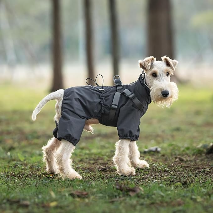 Mile High Life Waterproof Dog Raincoat, Full Coverage Small Dog Rain Coat with Harness, Adjustable 4 Legs Puppy Rain Jacket with Reflective Strip and Elastic Cuffs (Gray, XXS Back Length 9.8")