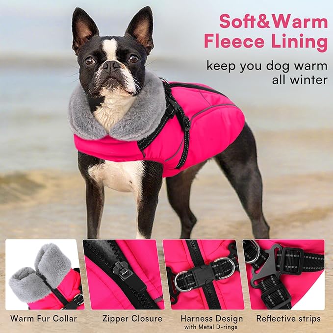 Queenmore Small Dog Coat,Dog Coat for Small Dogs,Reflective Windproof Dogs Jackets with Built-in Harness,Doggy Winter Jacket with Zipper On Back,Warm Pet Coats with Fleece Lining,Rosered,S