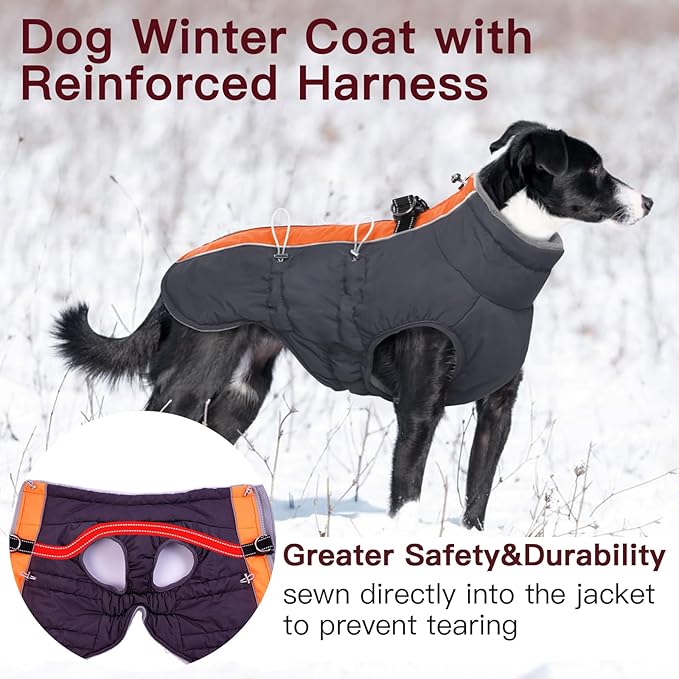 Dog Coat Winter Warm Dog Jackets for Large Dogs Reflective Snowsuit with Harness Fleece Dogs Snow Jacket Waterproof Pet Clothes for Cold Weather
