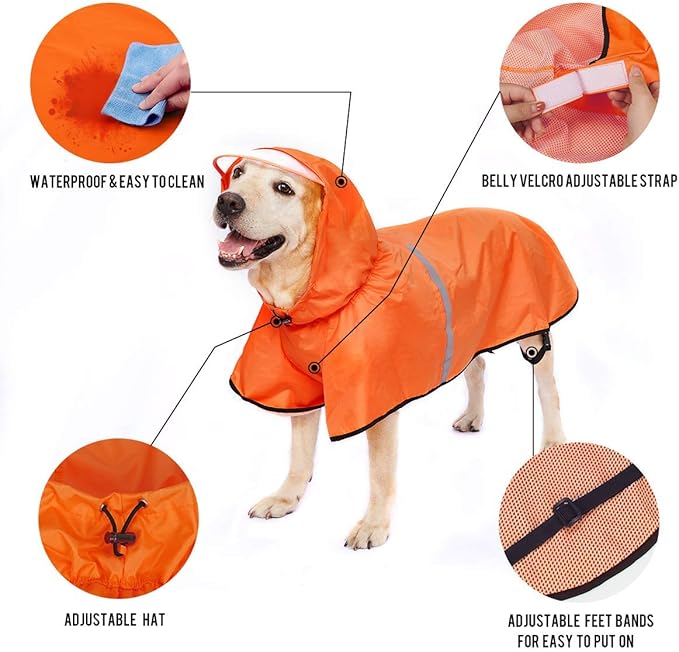 Dog Raincoat with Adjustable Belly Strap and Leash Hole - Hoodie with Reflective Strip - Waterproof Slicker Lightweight Breathable Rain Poncho Jacket for Medium Large Dogs - Easy to Wear, Orange 4XL
