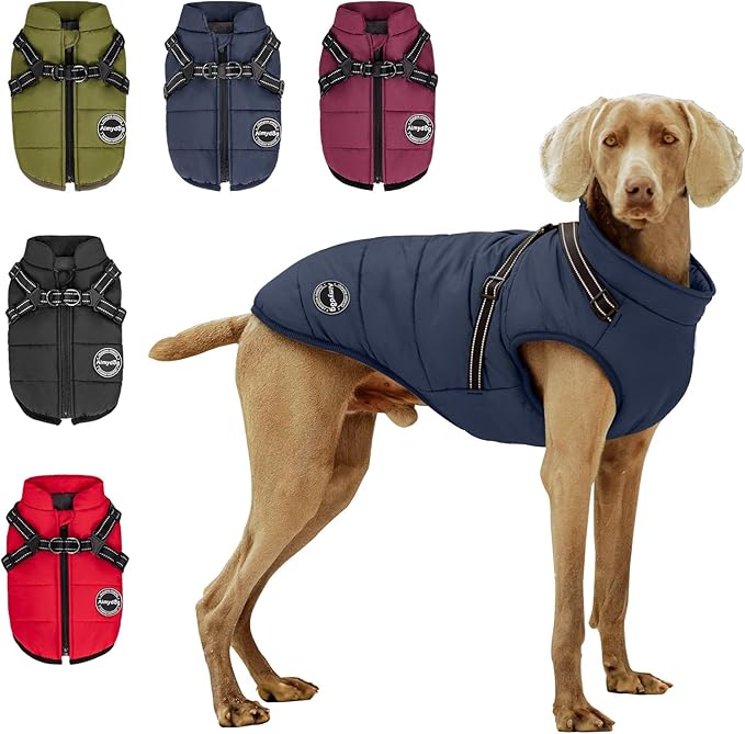 Warm Winter Coat, Cold Weather Jacket with Built-in Harness, Reflective & Adjustable Comfortable Pet Vest, Waterproof Windproof for Small Dogs (Navy)