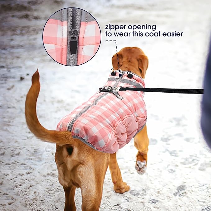 FUAMEY Dog Coat for Large Dogs,Waterproof Dog Winter Jacket with Harness Built in Puppy Cold Weather Coats Reflective Pet Vest with Zipper Warm Fleece Dogs Snowsuit Windproof Pink Plaid L