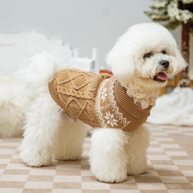 Warm Winter Dog Sweater - Cold Weather Pet Clothes for Small Medium Large Dogs Indoor Outdoor, Soft Classic Knit Puppy Apparel, Khaki, SM