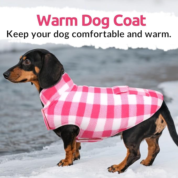 ASENKU Dog Winter Coat, Fleece Doggie Jacket Plaid Reversible Vest Waterproof Windproof Cold Weather Clothes for Small Medium Large Dogs (M, Pink)