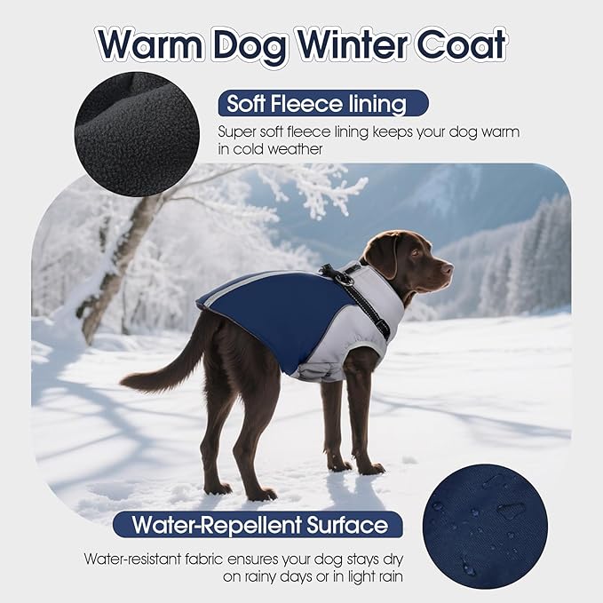 DENTRUN Dog Coat with Harness Built in, Easy On/Off Zipper Closure Winter Dog Vest, Water-Repellent Fleece Lined Warm Jacket with Reflective for Medium Dogs, Dark Blue, M