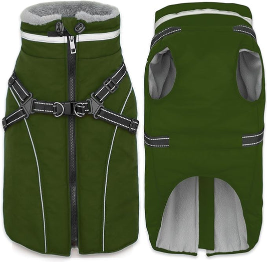 Fragralley Dog Coat with Harness Built in, Waterproof Windproof Reflective Warm Puffer Jacket, Fleece Lined Vest Winter Parka for Small, Medium, Large Dogs