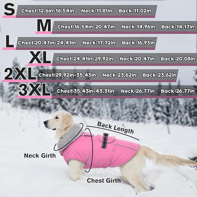Lelepet Warm Dog Coats for Large Dogs Waterproof Dog Winter Jacket Reflective Pet Fleece Vest Windproof Cold Weather Coats with Adjustable Buckle & Leash Hole, Pink, XL