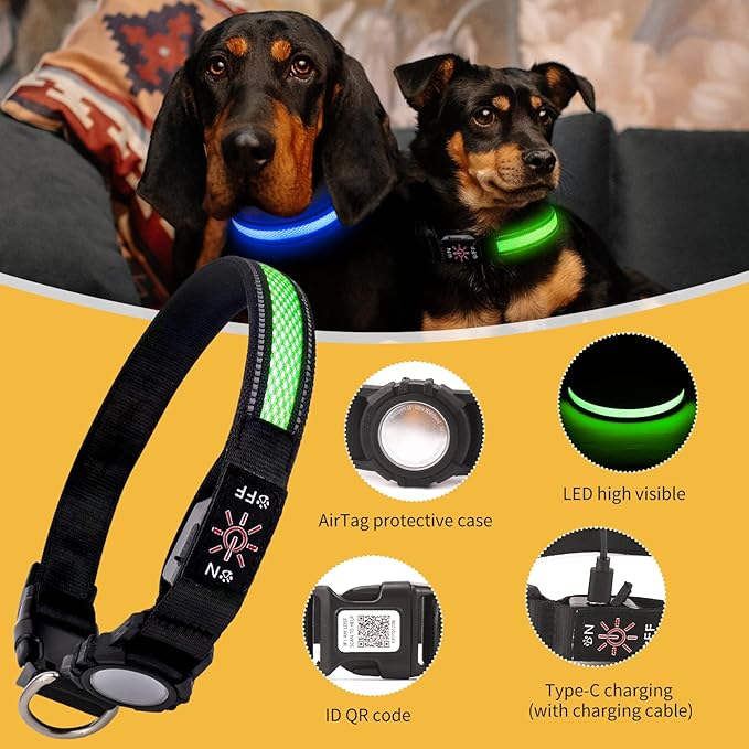 AirTag Dog Collar with QR Code & LED Light, IP68 Waterproof Rechargeable LED Pet Collar with Reflective Strips, Durable Airtag Holder for Medium/Large Dogs, DIY Pet Information(Green, M(16-20 in))