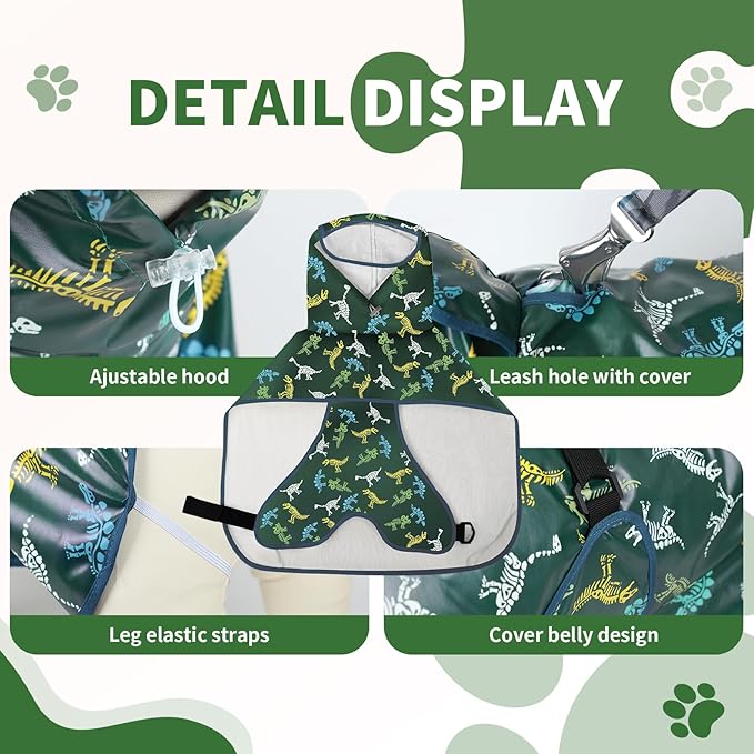 Dog Raincoat, Waterproof Windproof Dog Rain Jacket with Hood, Rain Coat with Leash Hole, Adjustable Raincoat Poncho for Small Medium Large Dogs Outdoor (Green, Medium)