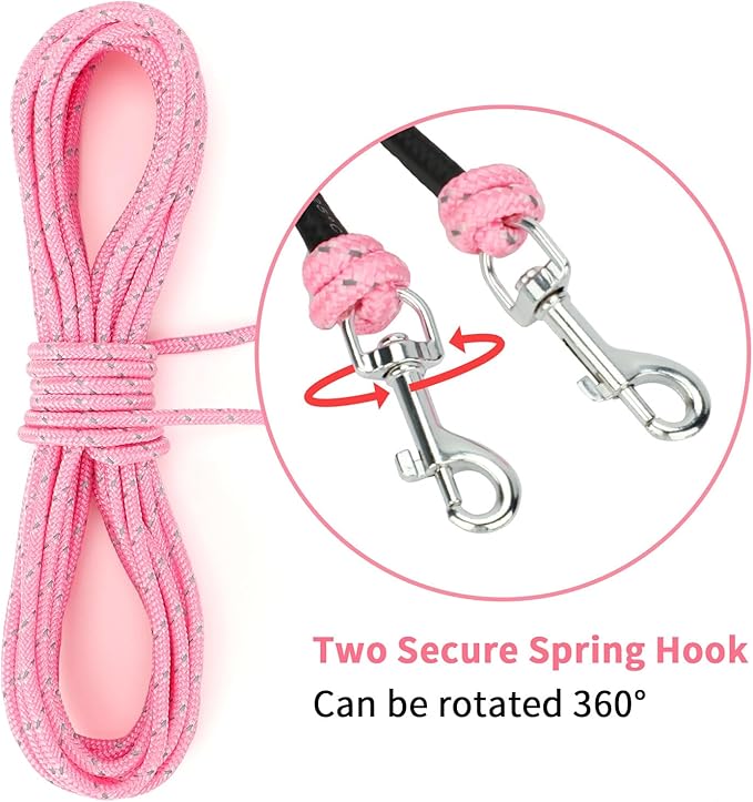 Rypet Reflective Cat Long Leash 15 FT Escape Proof Walking Leads Yard Long Leashes Durable Safe Personalized Extender Leash Traning Play Outdoor for Kitten, Puppy, Rabbit and Small Animals(Pink-S)