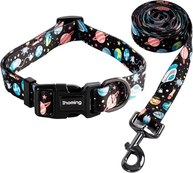 Ihoming Puppy Collar and Leash Set for Daily Outdoor Walking Running Training, Space Design for Extra Small Boys Girls Dogs Cats Pets, XS-Up to 10LBS