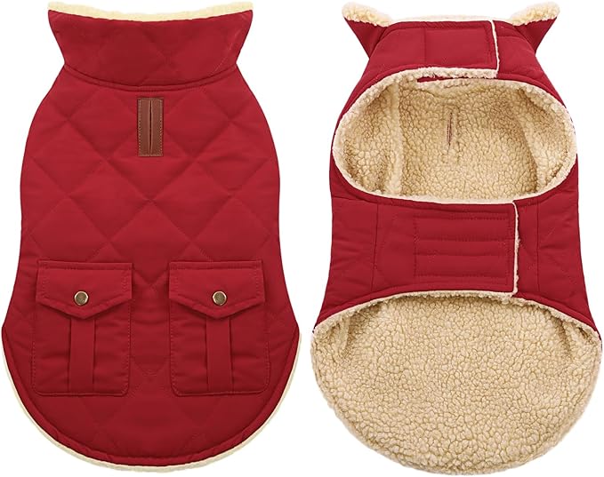 ASENKU Warm Dog Winter Coat, Waterproof Dog Coat for Cold Weather, Fleece Dogs Jacket with Ultra Thick Plush Lining Leash Hole Storage Pockets for Medium Large Dogs (Red, Large)