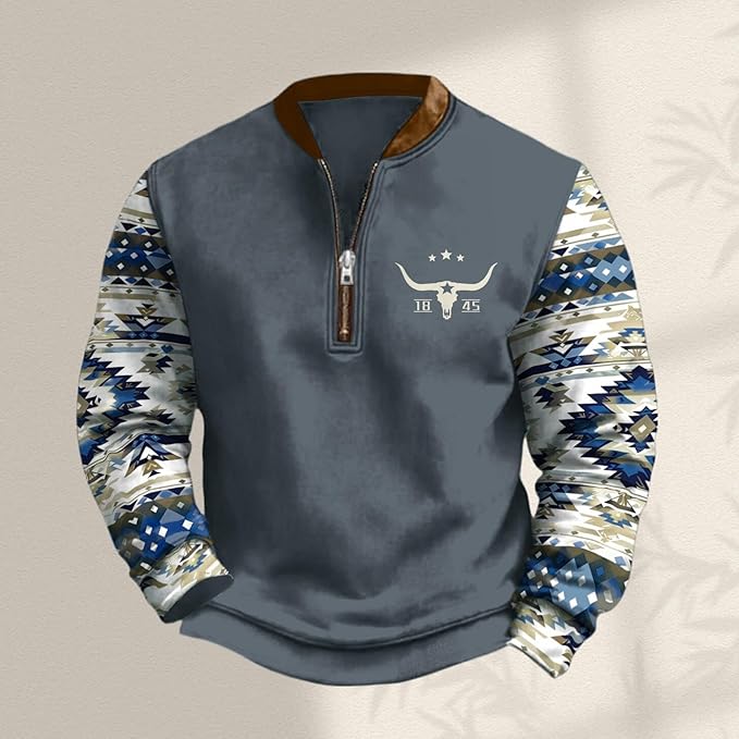 HOTYD Aztec Cowboy Jacket Men Vintage Bullhorn Printed Oversized Western Sweatshirt Long Sleeve Quarter Zip Pullover