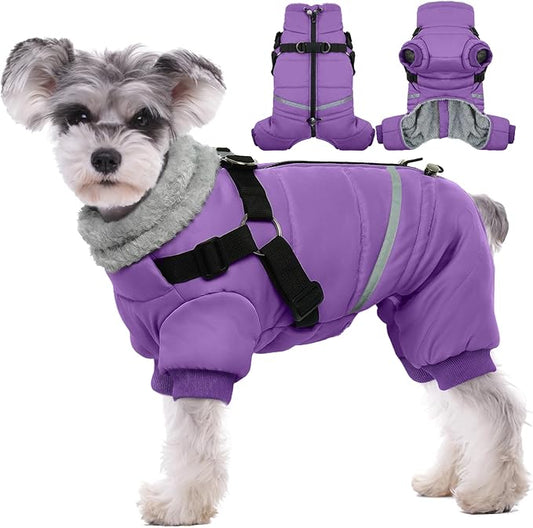 BRKURLEG Purple Dog Coat with Harness, Dog Winter Jacket, Dogs Onesie Body Warm Jackets, Small Dogs Winter Coats Reflective Windproof Warm Cold Weather Coats, Pet Waterproof Jackets, M