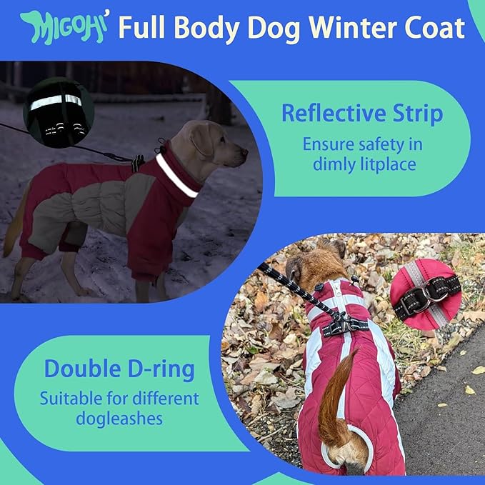 MIGOHI Full Body Dog Coat - Warm Reflective Small Dog Winter Coat with Harness, Turtleneck Fleece Jacket for Dogs,Four-Leg Windproof Puffer Jackets Snowsuit with Zipper for Small Medium Large Dogs,XS