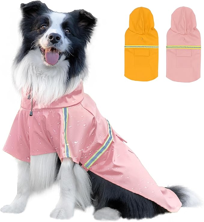 Dog Raincoat, Waterproof Windproof Dog Rain Jacket Adjustable, Rain Coat with Leash Hole, Reflective Strap Raincoat Poncho for Small Medium Large Dogs Outdoor (Reflection-Pink, Medium)