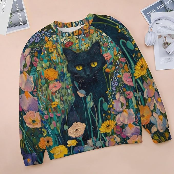Long Sleeve Shirts for Women Cat Oil Painting Shirt 3D Graphic Sweatshirts Fall Pullover Crewneck Vintage Boho Tops
