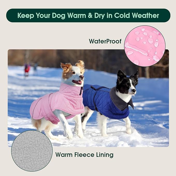 Kuoser Dog Coat, Super-Warm Dog Jacket Windproof Dogs Cold Weather Coats for Extra Large Dogs, Fleece Lining Turtleneck Puppy Snowsuit Reflective Adjustable Pet Winter Clothes Christmas, Pink 3XL